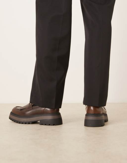 ASOS DESIGN chunky loafers in brown with fringing detail, 2 of 4