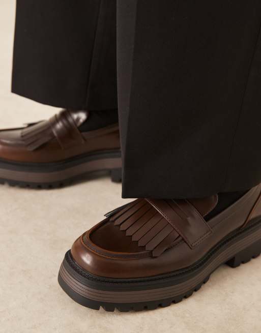 ASOS DESIGN chunky loafers in brown with fringing detail, 3 of 4