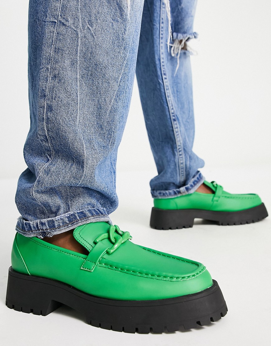ASOS DESIGN chunky loafers in green faux leather with chain detail and contrast sole