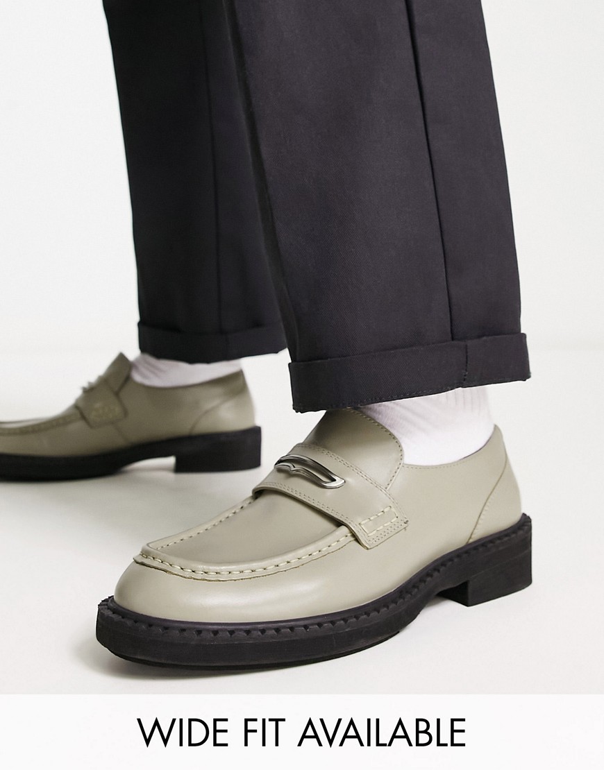 Asos Design Chunky Loafers In Sage Leather With Black Contrast Sole-green