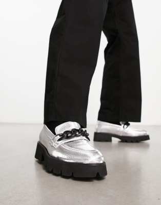 Asos Design Chunky Loafers In Silver Faux Leather With Chain Detail