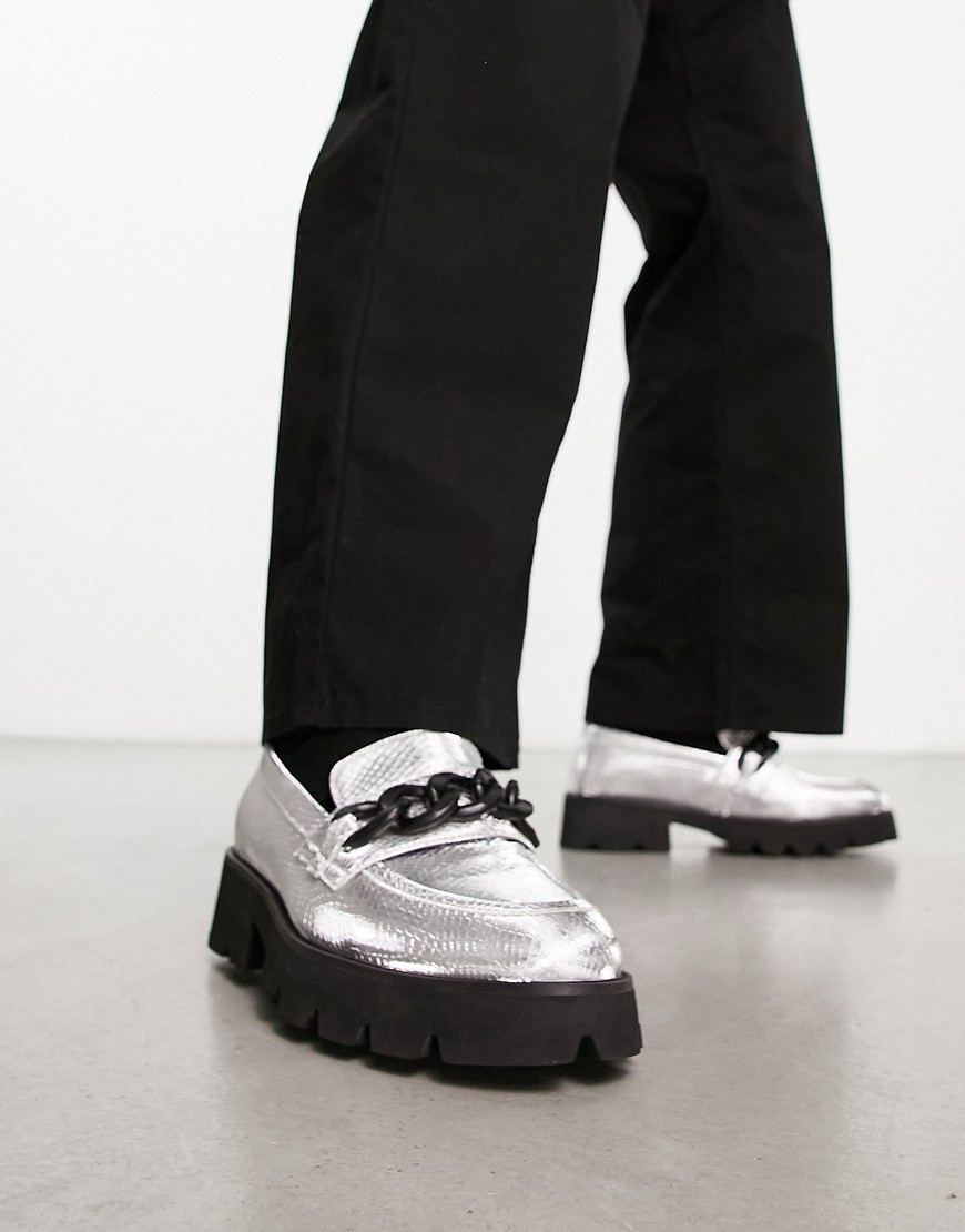ASOS DESIGN chunky loafers in silver faux leather with chain detail
