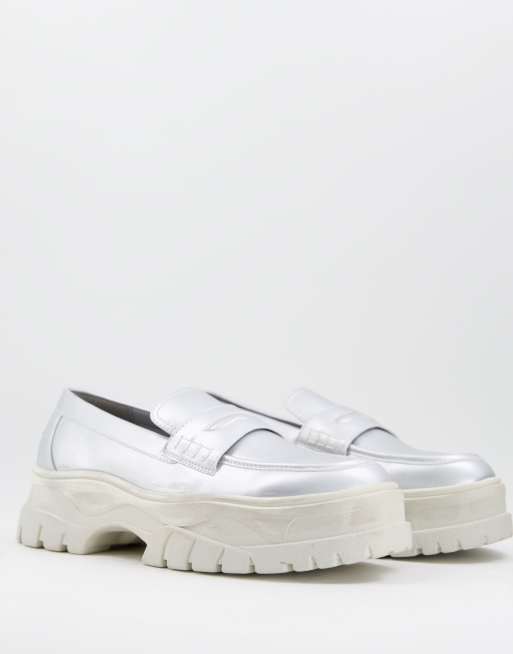 ASOS DESIGN chunky loafers in silver faux leather with contrast sole