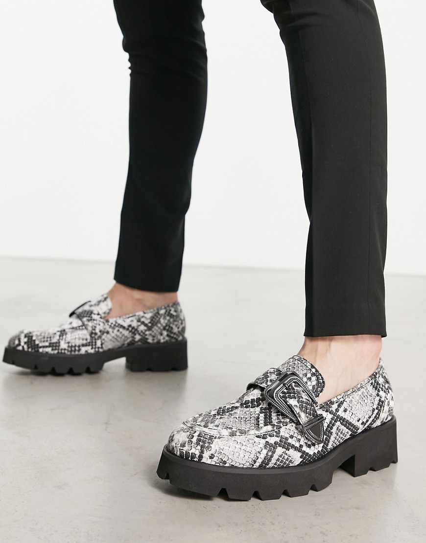 ASOS DESIGN chunky loafers in snake print faux leather with western buckle-Grey