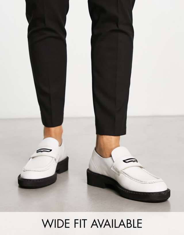 ASOS DESIGN chunky loafers in white leather with black hardware and contrast sole