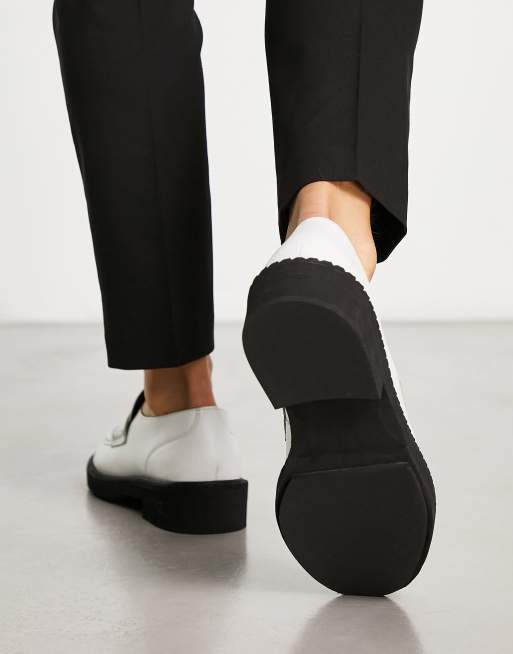 ASOS DESIGN chunky loafers in white leather with black hardware and  contrast sole