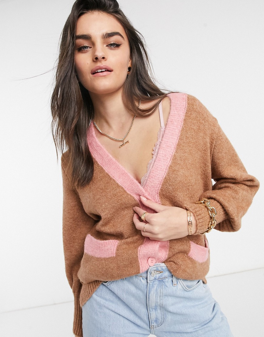 ASOS DESIGN chunky longline cardigan with tipped detail in brown