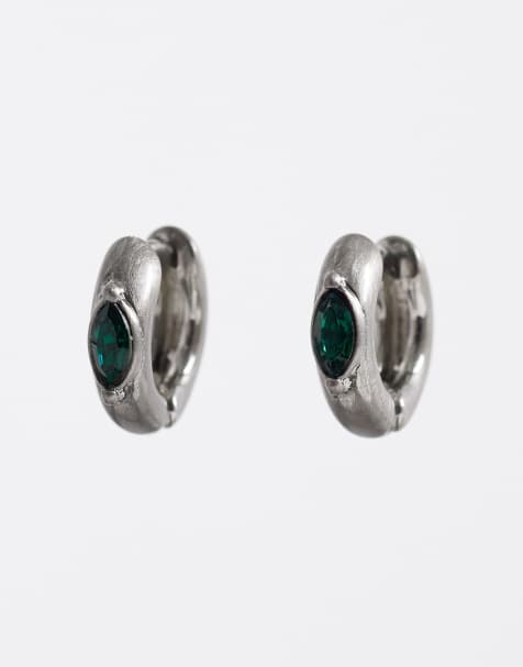 ASOS DESIGN chunky marquise emerald stone hoop earrings in brushed silver - view 1