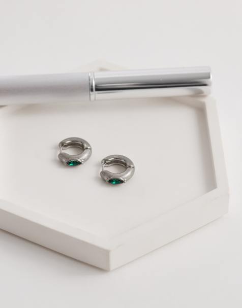 ASOS DESIGN chunky marquise emerald stone huggie hoop earrings in brushed silver - view 1