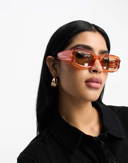 ASOS DESIGN chunky mid square sunglasses with deep bevel detail in crystal orange