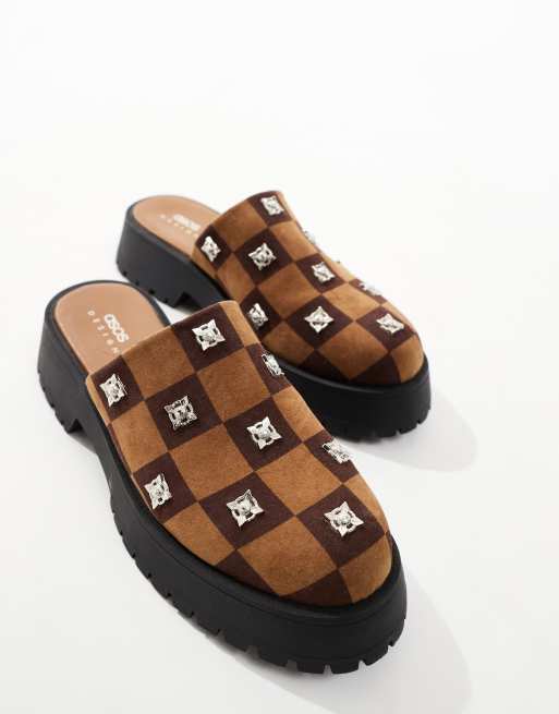 ASOS DESIGN chunky mule in brown checkerboard with studding