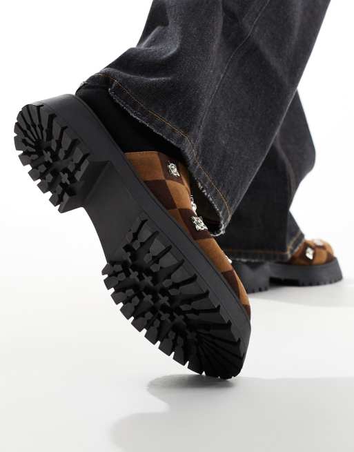 ASOS DESIGN chunky mule in brown checkerboard with studding