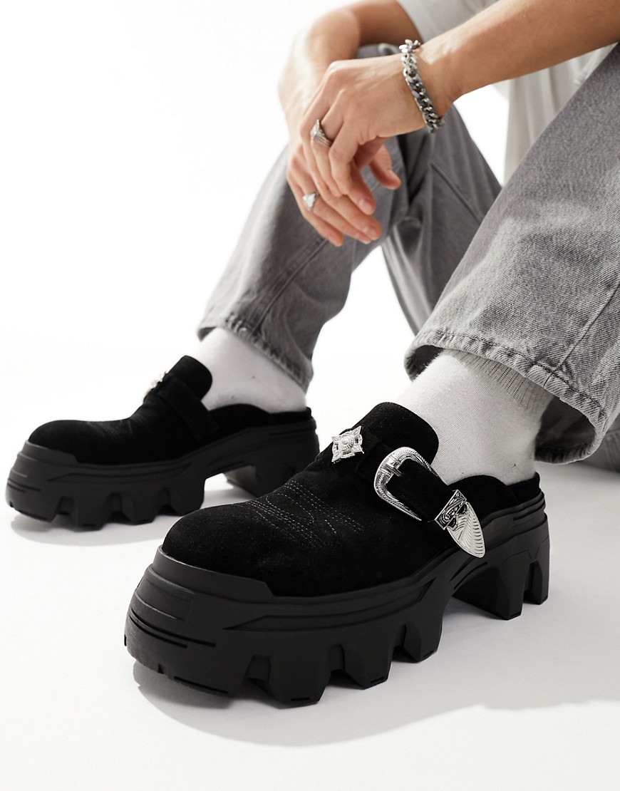 Asos Design Chunky Mule Loafers In Black With Western Detail