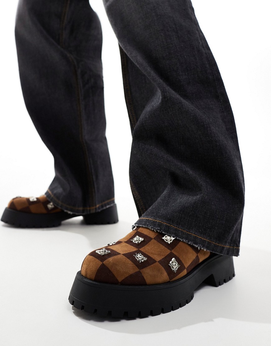 chunky mules in brown checkerboard with studding