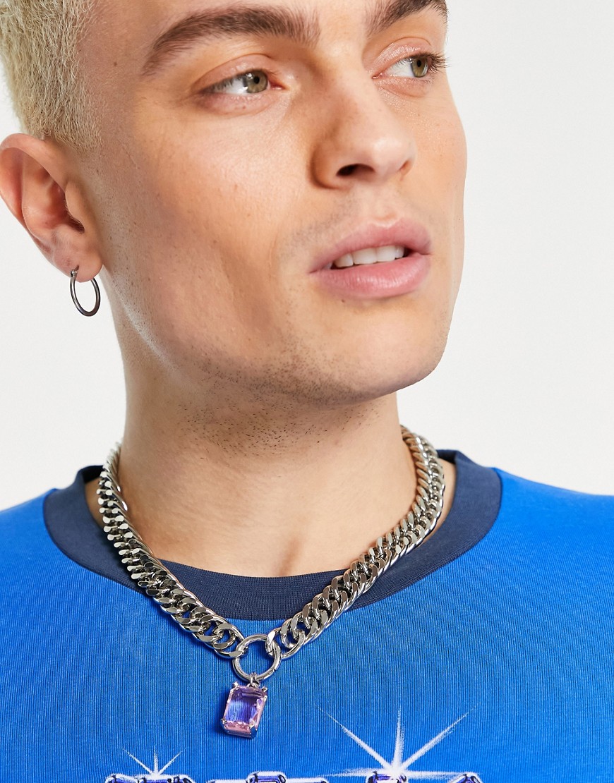 ASOS DESIGN chunky neckchain with square pink crystal pendant in silver tone