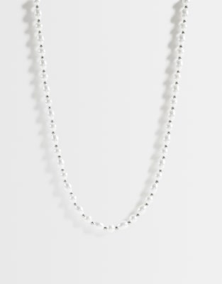Asos Design Chunky Necklace With Faux-pearl Beads In Metallic