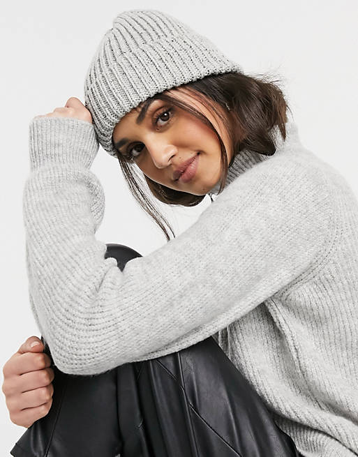 ASOS DESIGN chunky neppy beanie with deep turn up in grey
