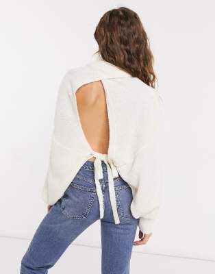 ASOS DESIGN chunky open tie back sweater-White