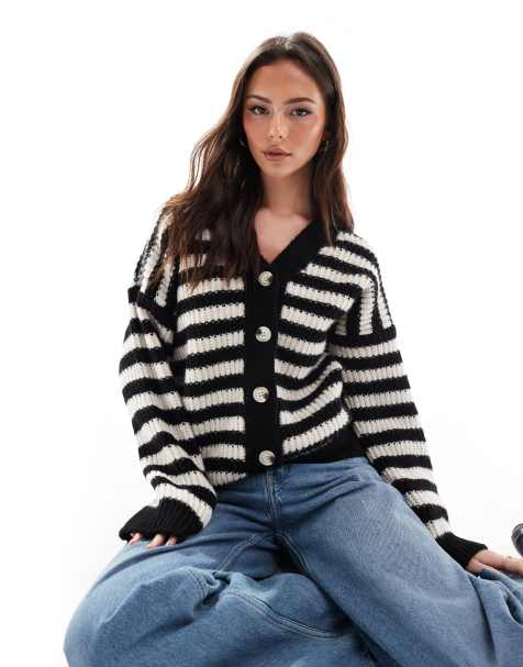 ASOS DESIGN chunky oversized cardigan in black and white stripe - view 1