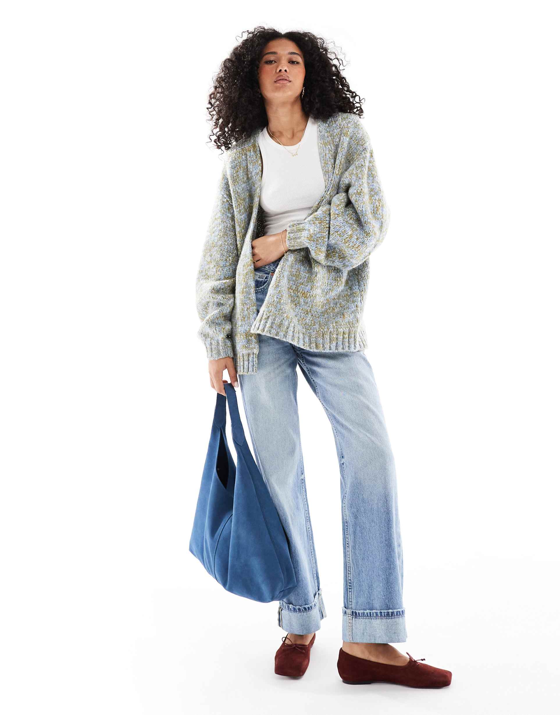 asos design chunky oversized edge to edge cardigan in blue multiply