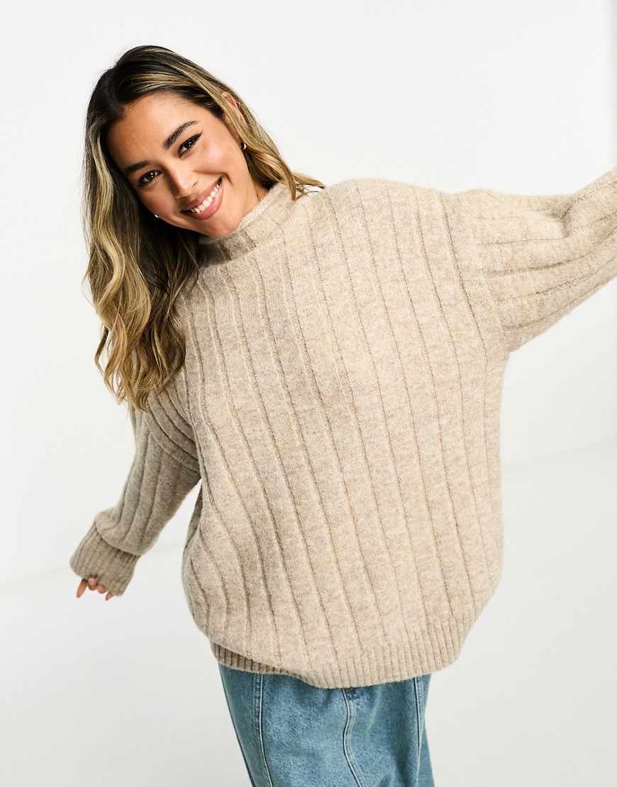 ASOS DESIGN chunky oversized jumper in rib with grown on neck in oatmeal-Neutral