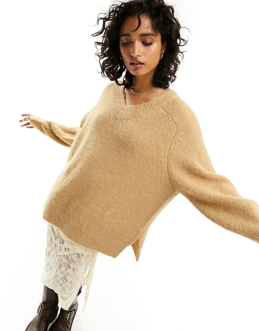 ASOS DESIGN chunky oversized v neck jumper in brushed yarn in camel-Neutral