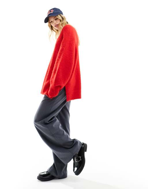 ASOS DESIGN chunky oversized v neck jumper in brushed yarn in red