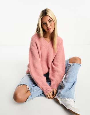 Asos Design Chunky Oversized V Neck Sweater In Brushed Yarn In Pink In Pink
