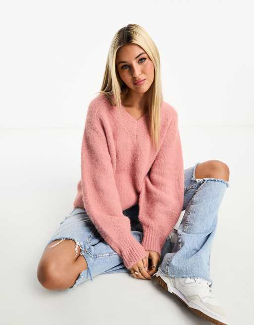 ASOS DESIGN chunky oversized v neck sweater in brushed yarn in pink | ASOS