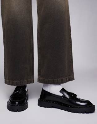 ASOS DESIGN chunky penny loafers in black leather with silver hardware - view 1