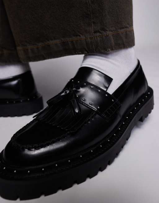 ASOS DESIGN chunky penny loafers in black leather with silver hardware