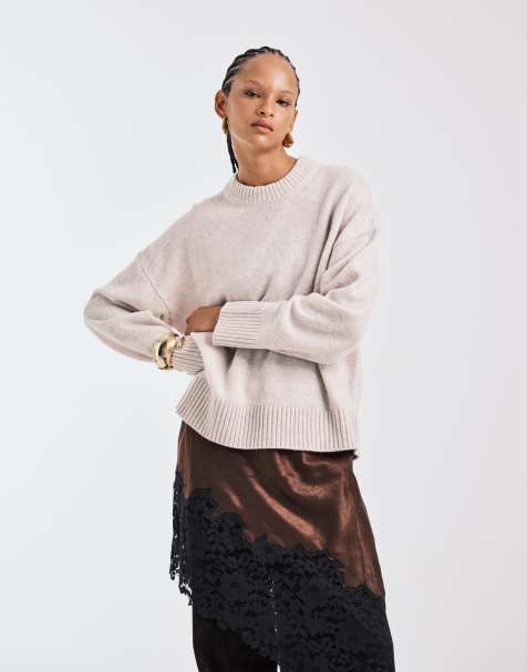 ASOS DESIGN chunky premium lambswool curved hem jumper in mashmallow - WHITE - view 1