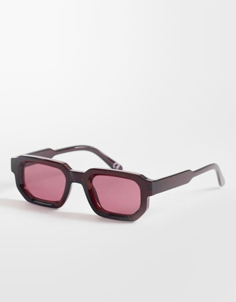 ASOS DESIGN chunky rectangle sunglasses in burgundy with burgundy lenses - view 1