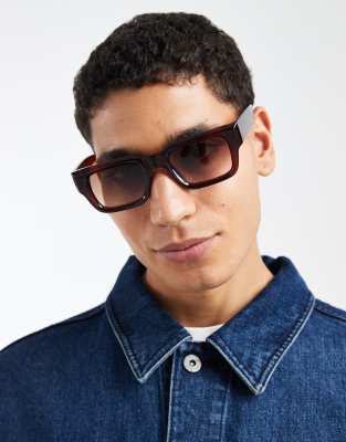 ASOS DESIGN chunky rectangle sunglasses in red crystal frame with brown lens