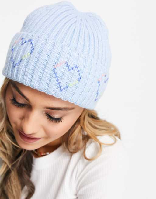 ASOS DESIGN chunky rib beanie with cross stitch embroidery heart in blue