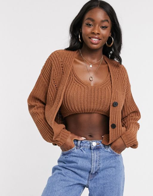 Image result for ASOS DESIGN chunky cardigan and bralet co-ord in camel