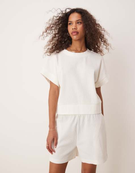 ASOS DESIGN chunky rib hem waffle t-shirt in cream - view 1