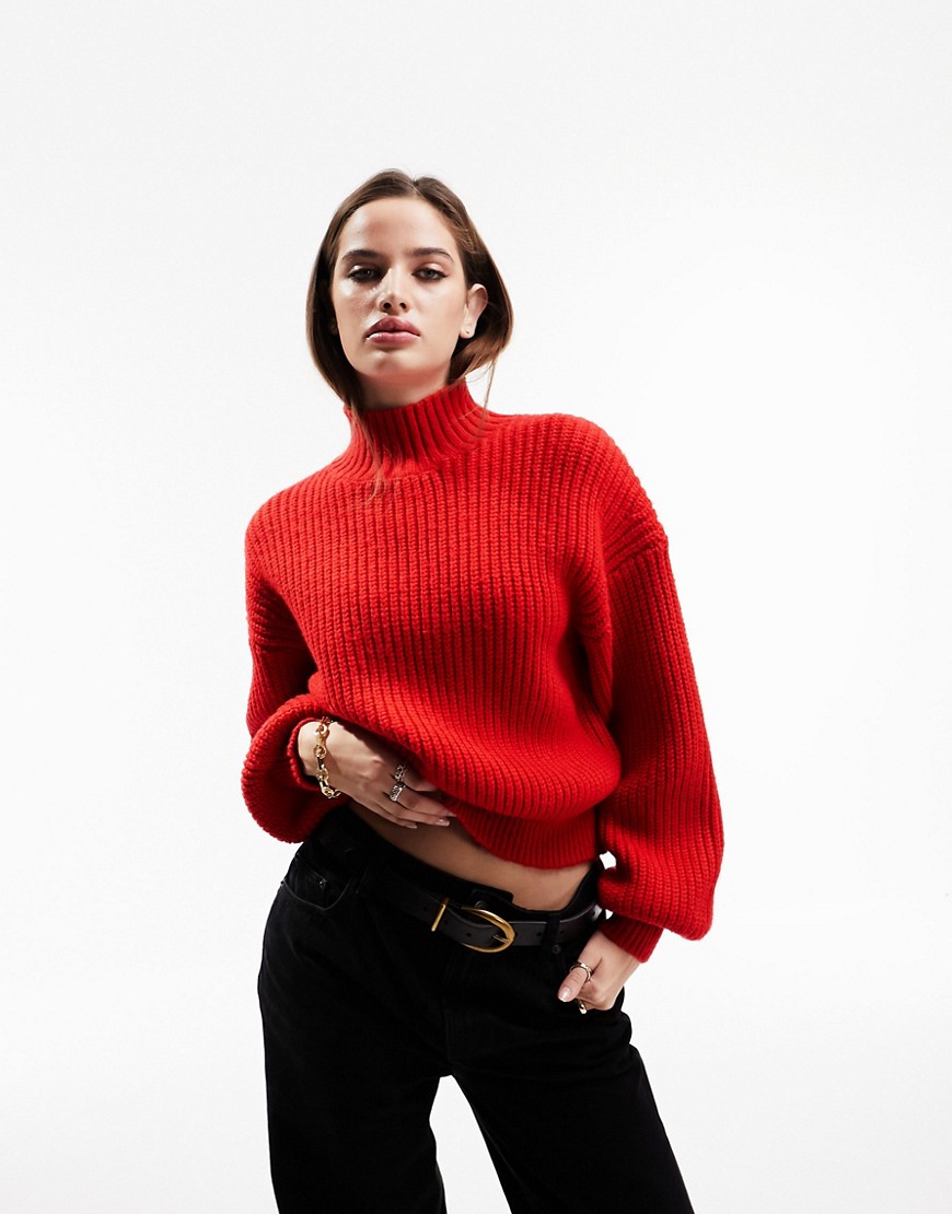 ASOS DESIGN chunky rib jumper with high neck in red