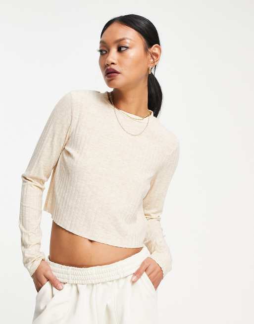 Oatmeal Marle Crew Rib Tee - Women's High Neck Tops