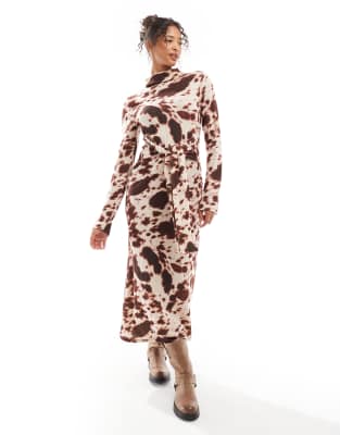 chunky ribbed maxi dress with wrap waist in cow print-Multi