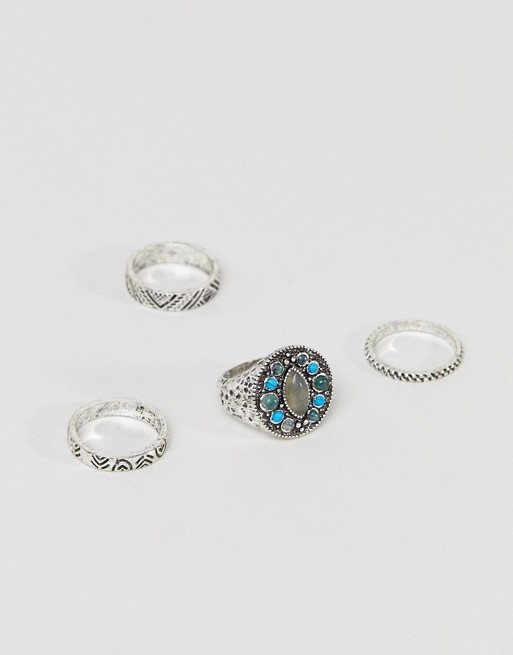ASOS DESIGN Chunky Ring Pack In Burnished Silver With Stone Interest