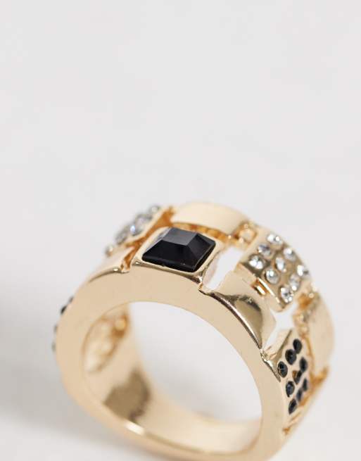 ASOS DESIGN Chunky ring with black stone set in vintage style gold tone, 2 of 3