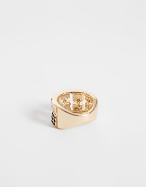 ASOS DESIGN Chunky ring with black stone set in vintage style gold tone, 3 of 3