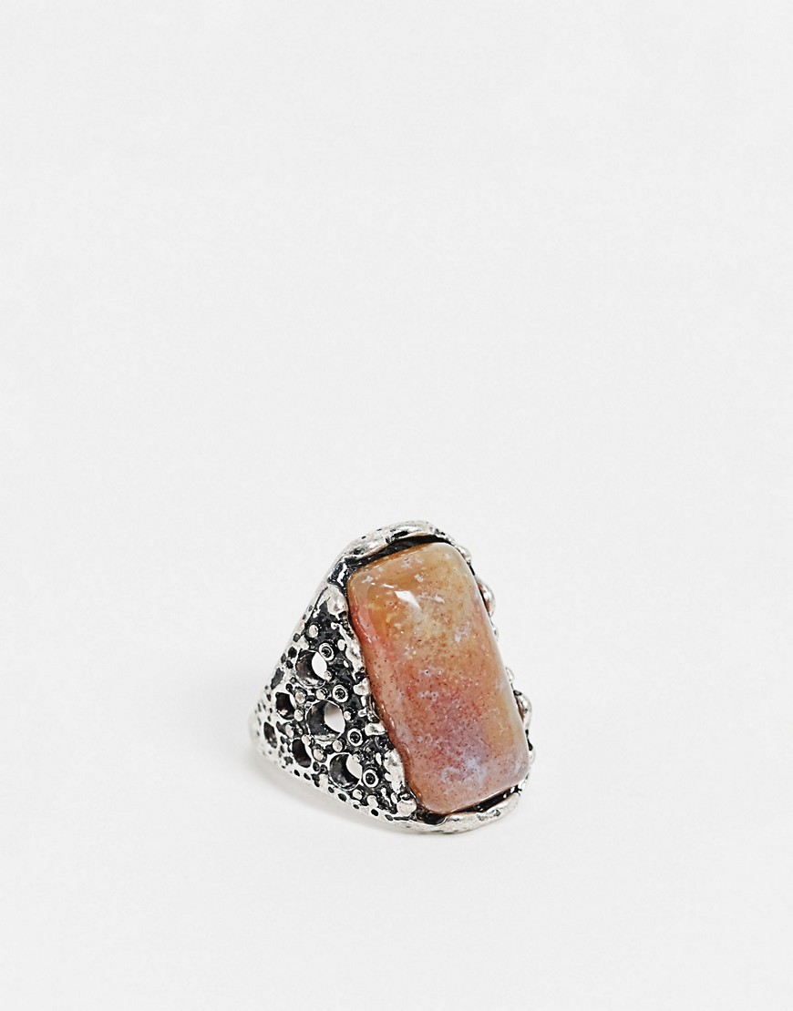 ASOS DESIGN chunky ring with brown semi precious stone in silver tone