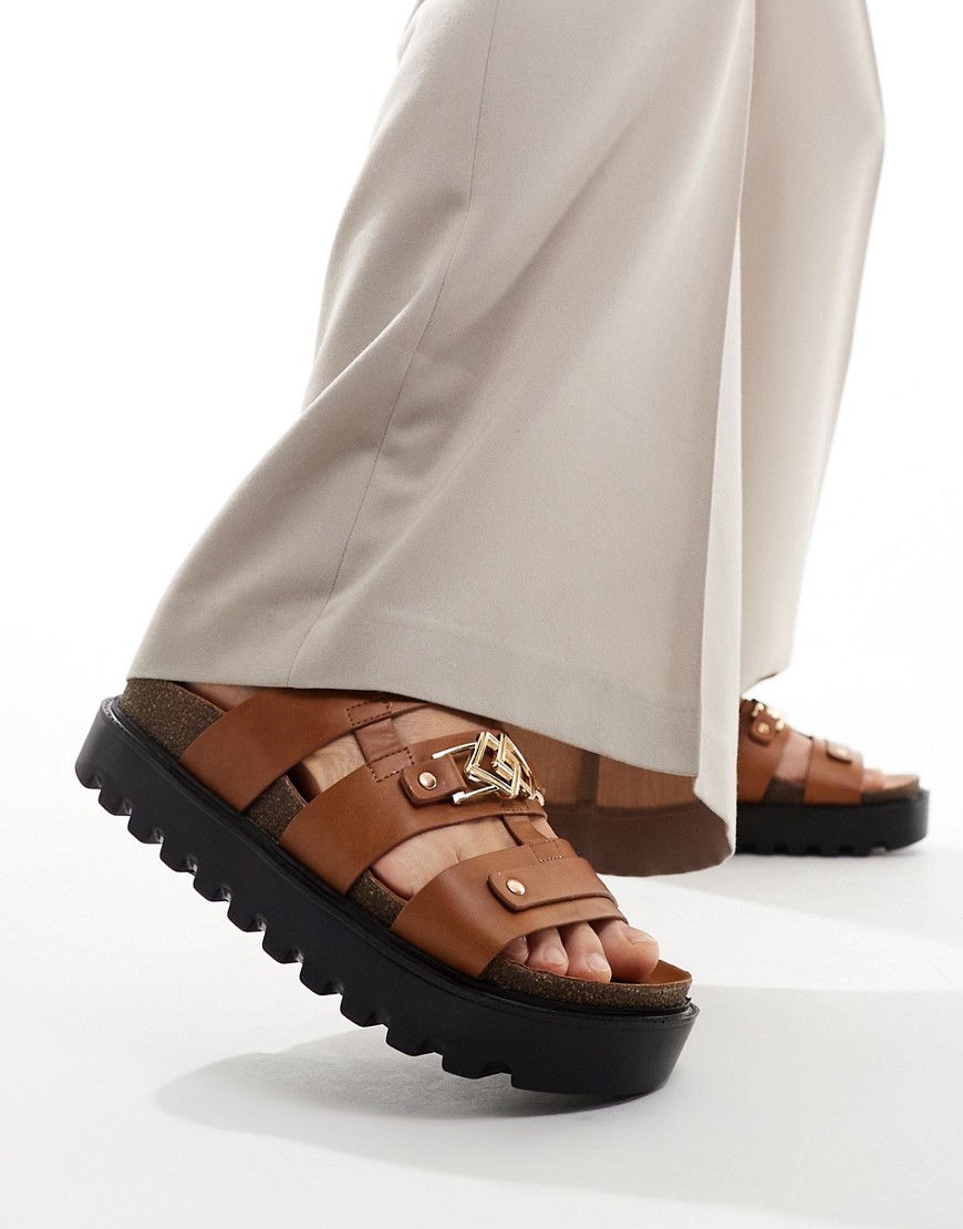 ASOS DESIGN chunky sandal in tan pu with gold monogram detailing-Brown