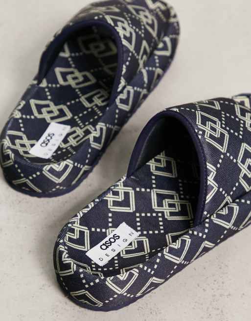 ASOS DESIGN slip on sandals in brown monogram print