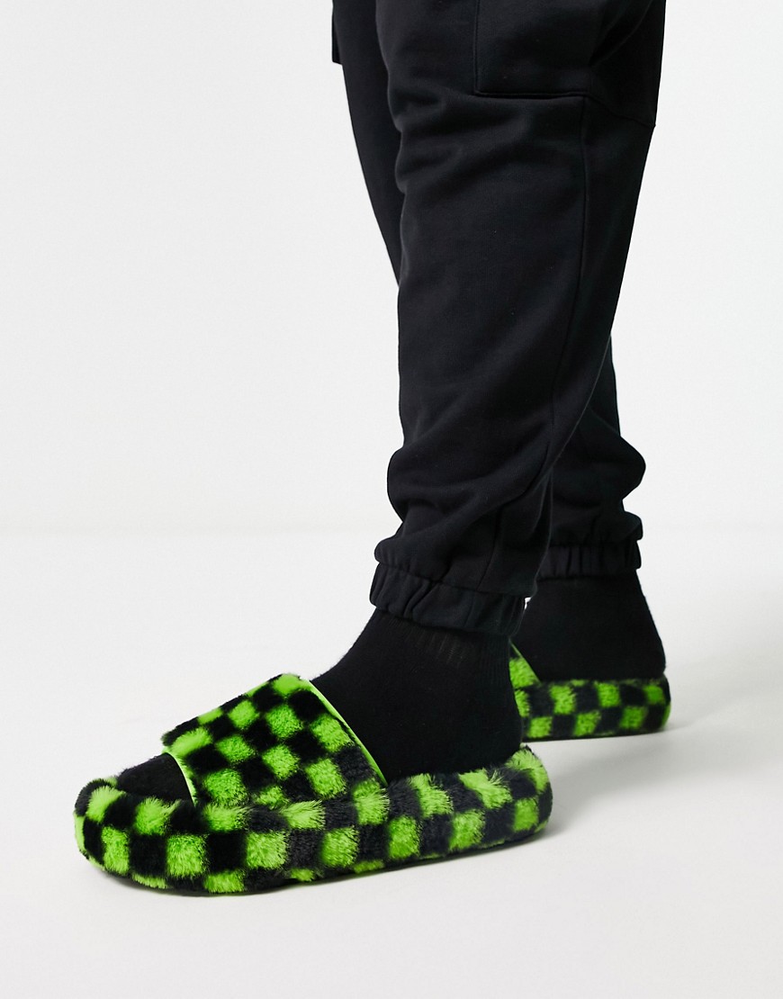 ASOS DESIGN chunky slippers in green checkerboard faux fur