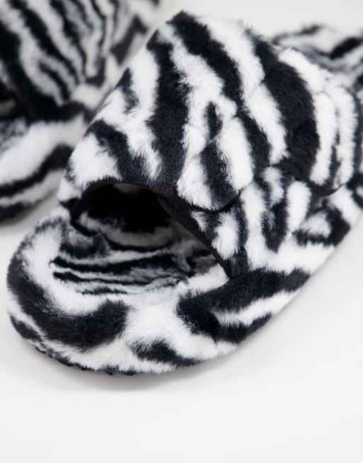  ASOS DESIGN chunky slippers in zebra faux fur, 2 of 4