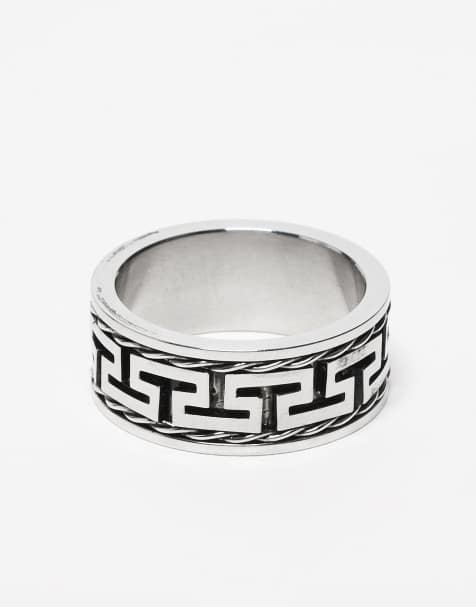 ASOS DESIGN - Chunky sølvfarvet båndring i vandafvisende rustfrit stål med græsk bølgedesign - view 1
