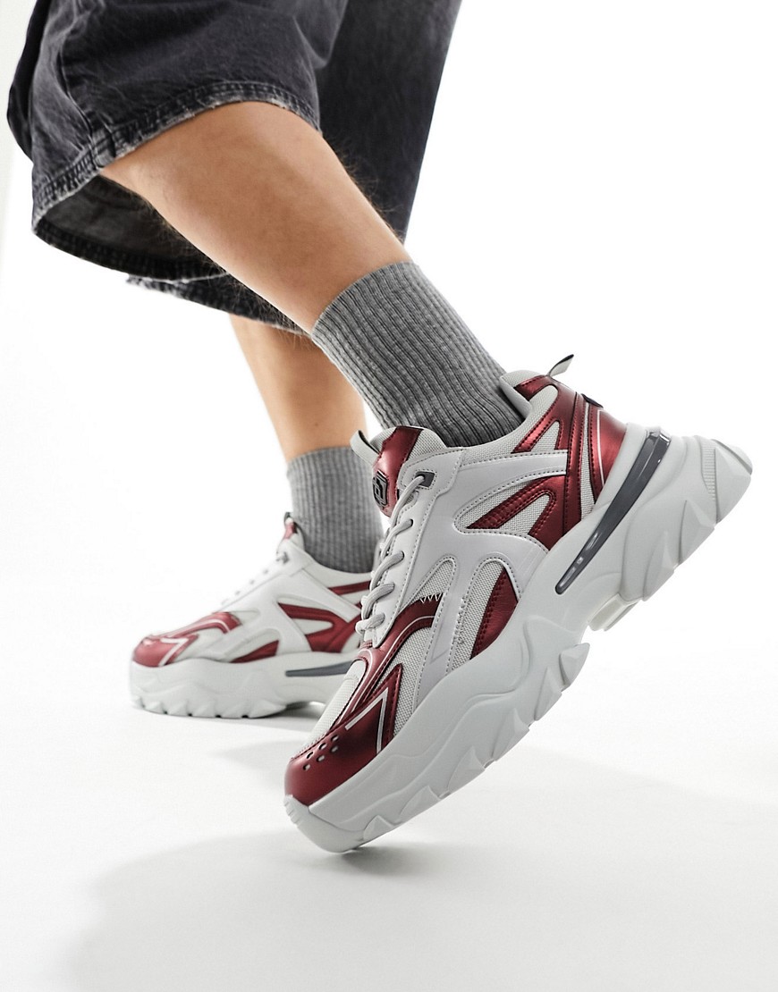 Asos Design Chunky Sneakers In Gray With Burgundy Metallic Panels-multi